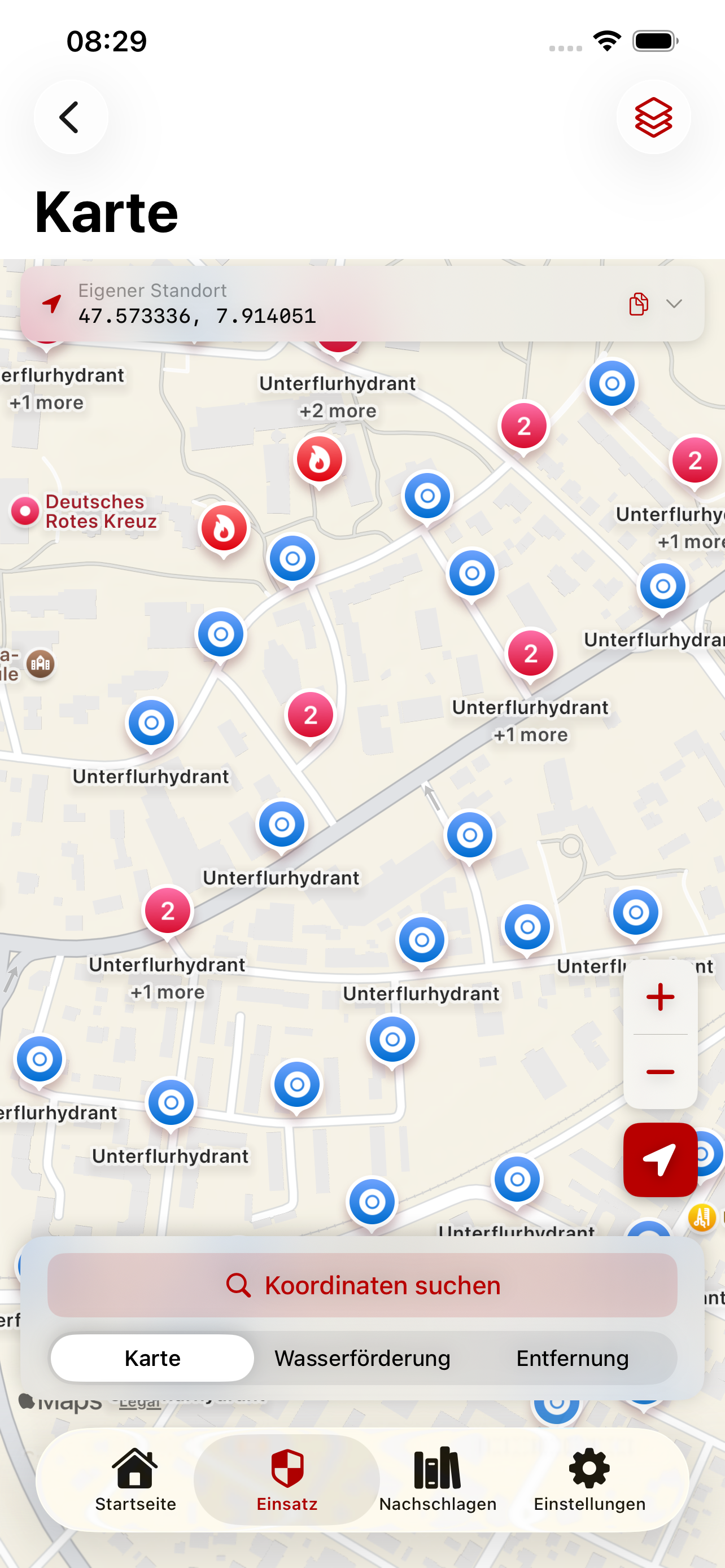 Einsatzkarte mit Hydranten und POIs